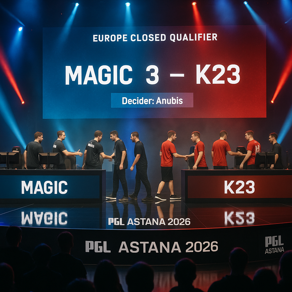 Photorealistic view of the PGL Astana 2026 Europe Closed Qualifier stage as Magic beat